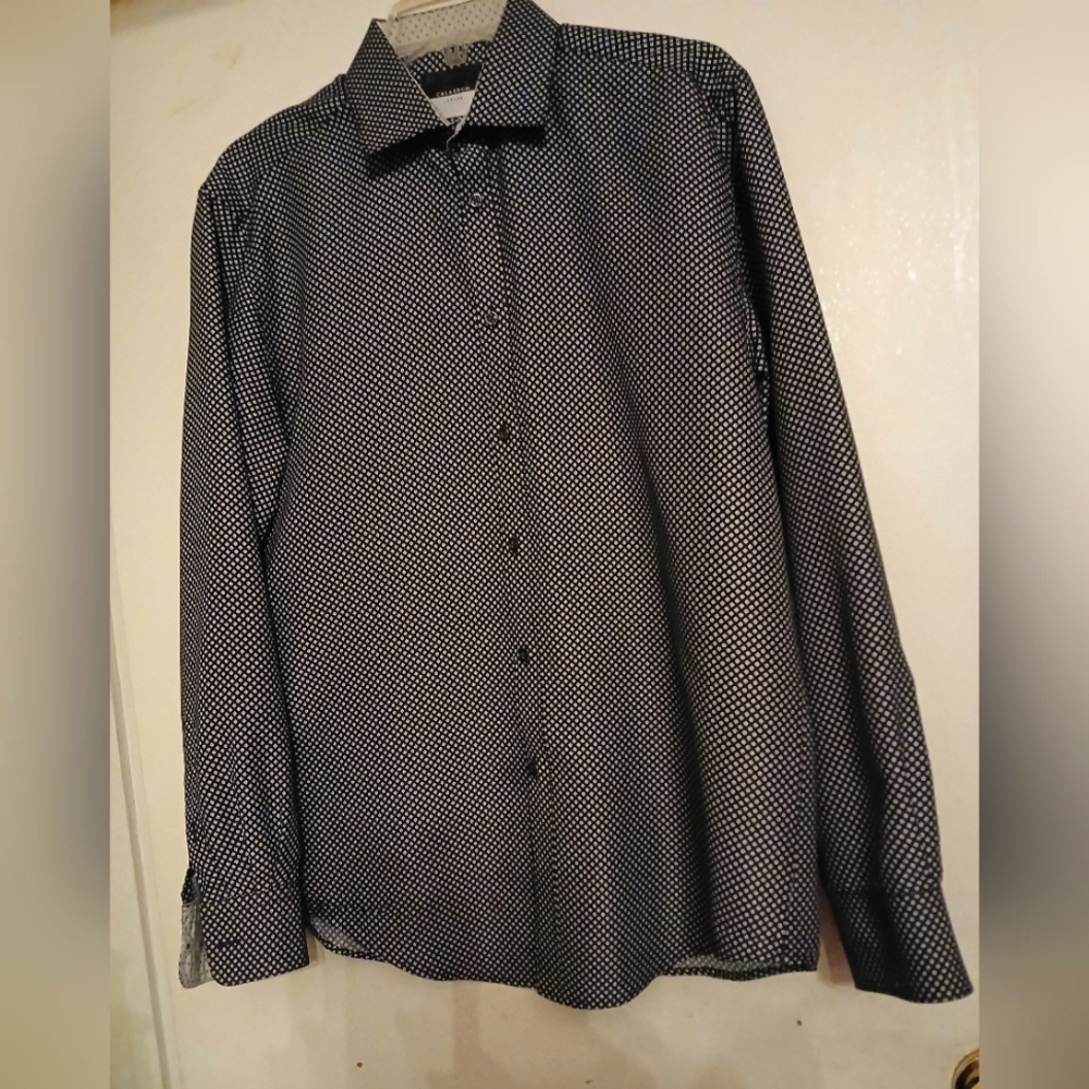MENS CALABRUM..LONDON..REGULAR FIT..WRINKLE-FREE MINI GEO. BLUE SHIRT SZ.15-15.5